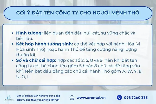 Gợi ý đặt tên công ty cho người mệnh Thổ.