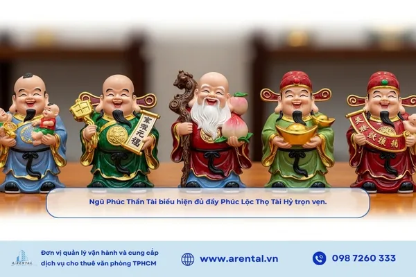 Ngũ Phúc Thần Tài biểu hiện đủ đầy Phúc Lộc Thọ Tài Hỷ trọn vẹn.