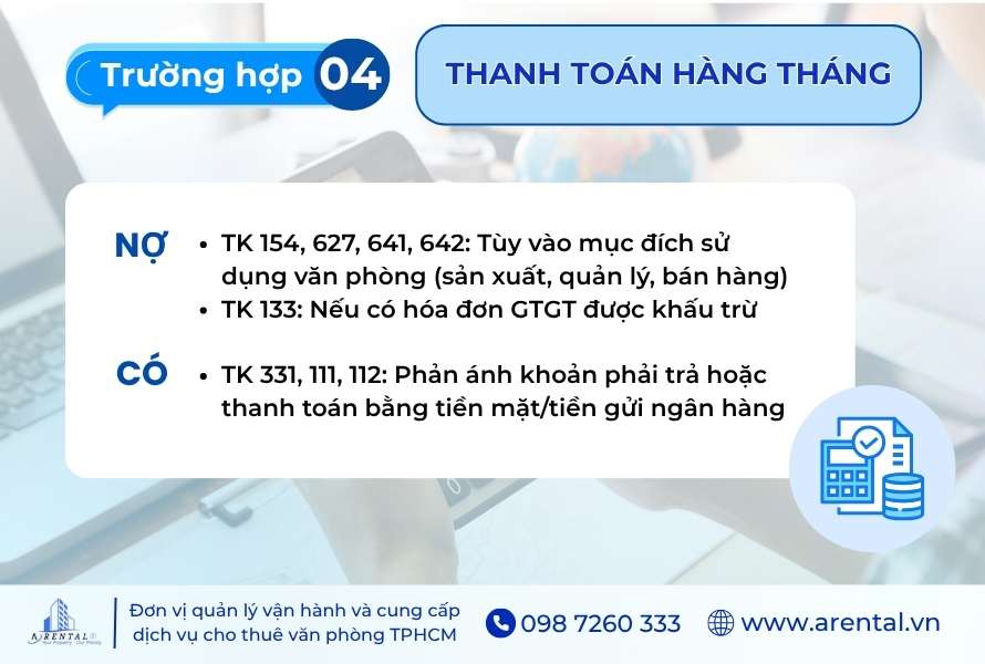 Hạch toán tiền thuê văn phòng trả hàng tháng.