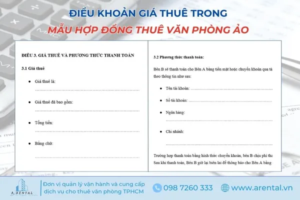 Điều khoản giá thuê trong mẫu hợp đồng cho thuê văn phòng ảo.