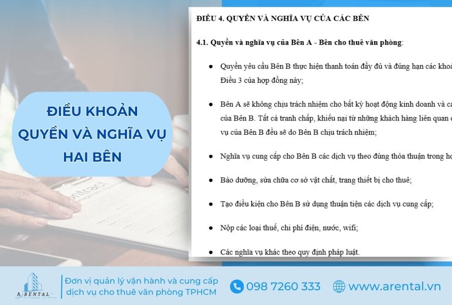 Điều khoản quyền và nghĩa vụ hai bên trong hợp đồng thuê văn phòng ảo.