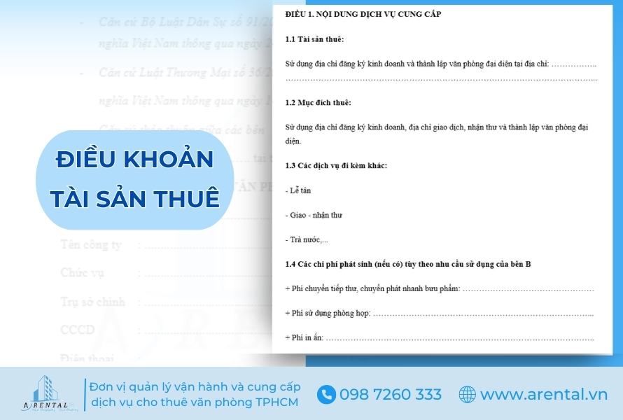 Điều khoản về tài sản thuê trong mẫu hợp đồng dịch vụ văn phòng ảo.