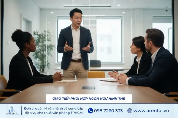 Giao tiếp phối hợp ngôn ngữ hình thể (cử chỉ, tư thế) để tăng hiệu quả trò chuyện nơi công sở.