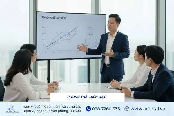 Phong thái diễn đạt tự tin và chuyên nghiệp khi trình bày.