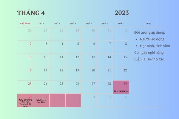 Lịch nghỉ 30 tháng tư và 1 tháng 5 năm 2023