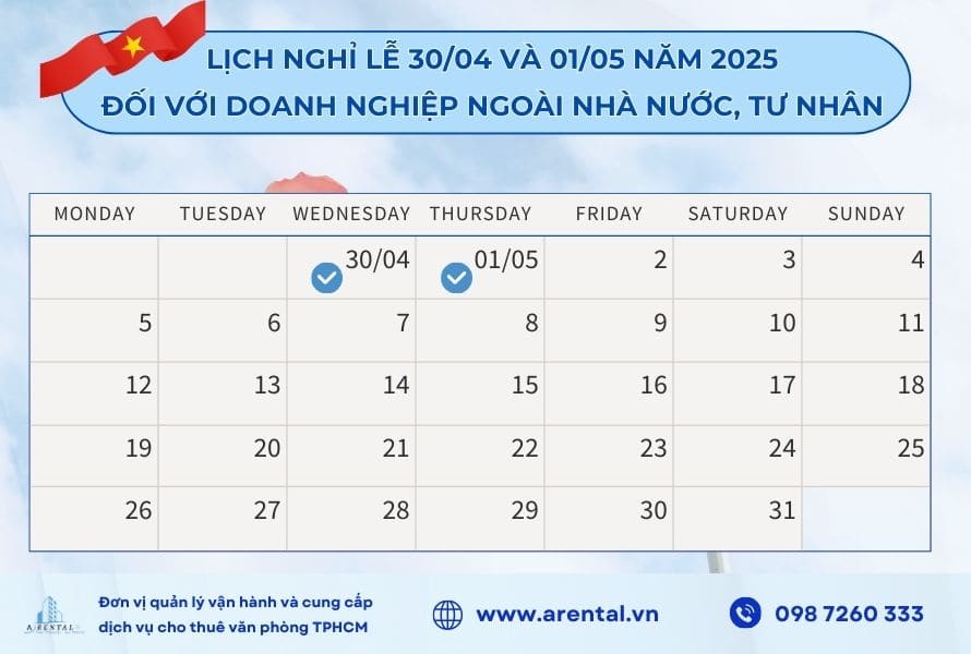 Lịch nghỉ lễ 30/04 và 01/05 năm 2025 đối với doanh nghiệp ngoài nhà nước, tư nhân.