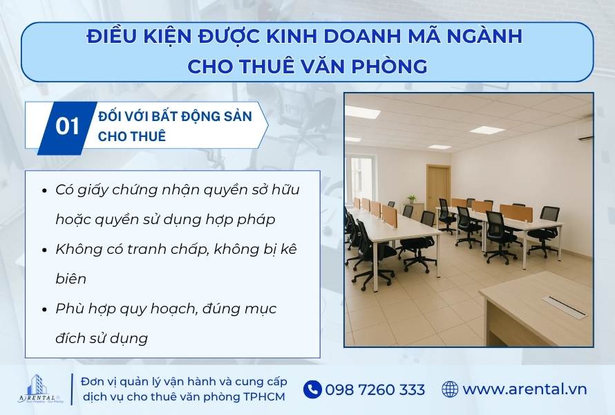 Điều kiện đối với bất động sản cho thuê được kinh doanh mã ngành cho thuê văn phòng.