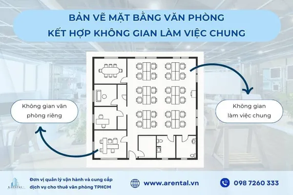 Bản vẽ mặt bằng văn phòng theo phong cách kết hợp khu vực phòng riêng và không gian làm việc chung.
