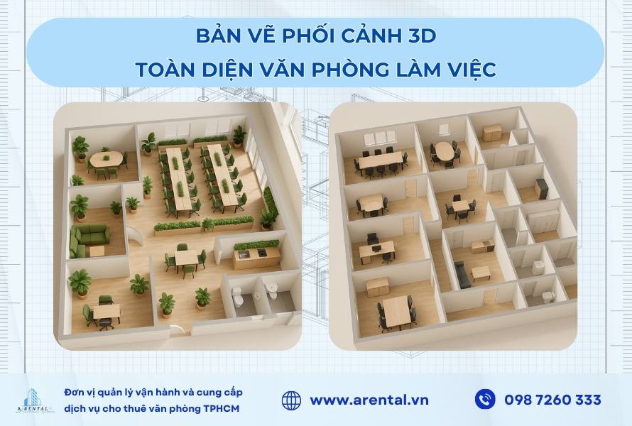 Bản vẽ phối cảnh 3D văn phòng mô phỏng không gian.
