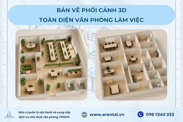 Bản vẽ phối cảnh 3D văn phòng mô phỏng không gian.
