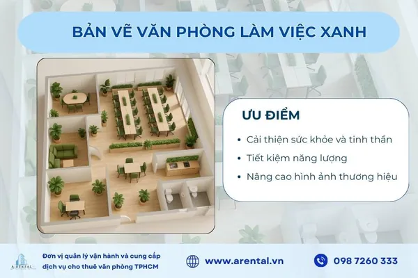 Bản vẽ mặt bằng văn phòng kết hợp nhiều cây xanh khi bố trí không gian.