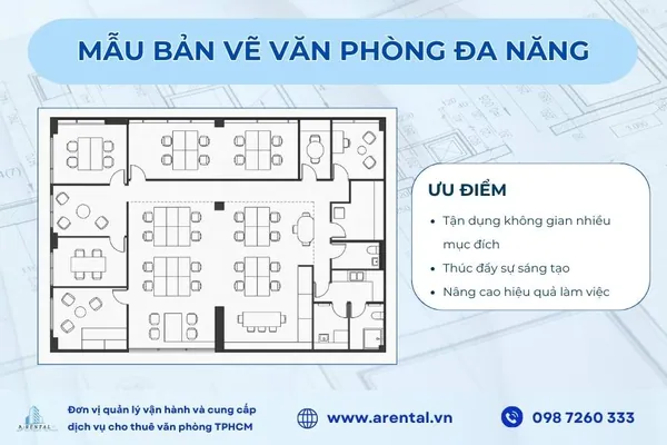 Mẫu bản vẽ mặt bằng văn phòng được phân chia nhiều khu vực đa chức năng.