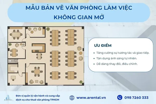 Bản vẽ văn phòng không gian mở hạn chế các vách ngăn.