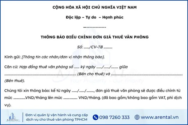 Soạn thảo công văn thông báo về việc tăng giá thuê văn phòng.