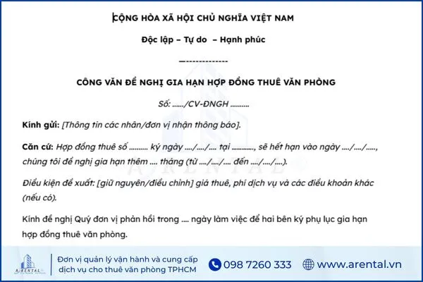 Soạn thảo mẫu công văn đề nghị gia hạn hợp đồng thuê văn phòng.
