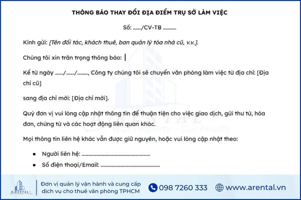 Mẫu công văn thông báo cho khách hàng về việc thay đổi địa điểm làm việc.