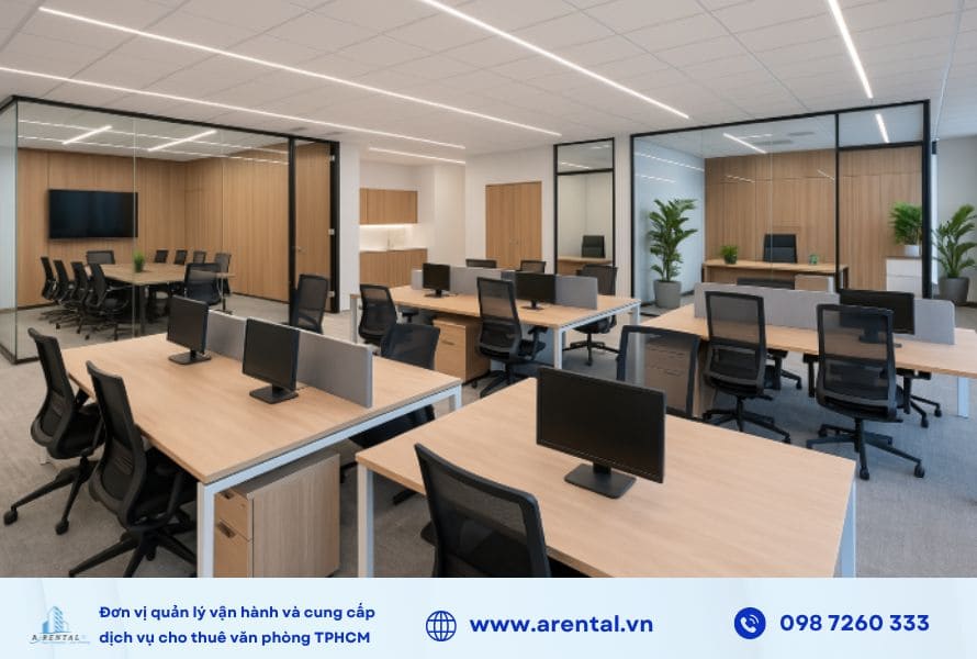 Văn phòng 200m2 được thiết kế tích hợp nhiều chức năng, khu vực làm việc.