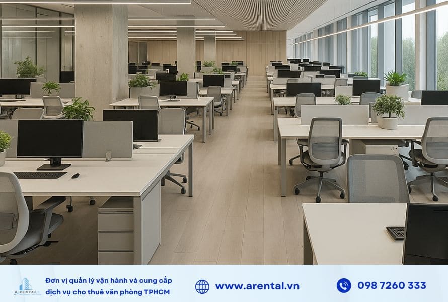 Văn phòng cho thuê có diện tích sàn hơn 1000m2 có thể thiết kế được nhiều khu vực chức năng.