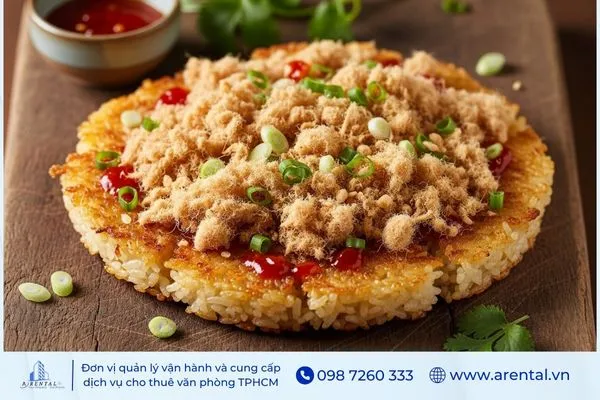 Miếng cơm cháy phủ chà bông, món ăn vặt văn phòng HCM giòn ngon tiện lợi.