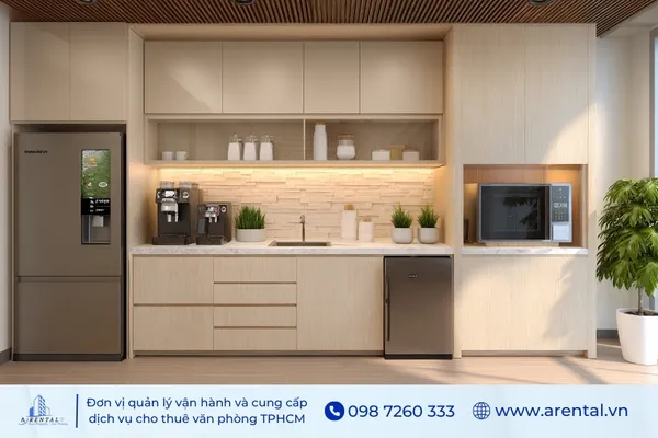 Một pantry được trang bị đầy đủ giúp nhân viên có những phút giây nghỉ ngơi tiện lợi và thoải mái.