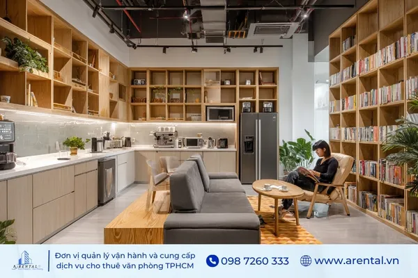 Kết hợp pantry và thư viện tạo ra một không gian tri thức, khuyến khích văn hóa đọc trong doanh nghiệp.
