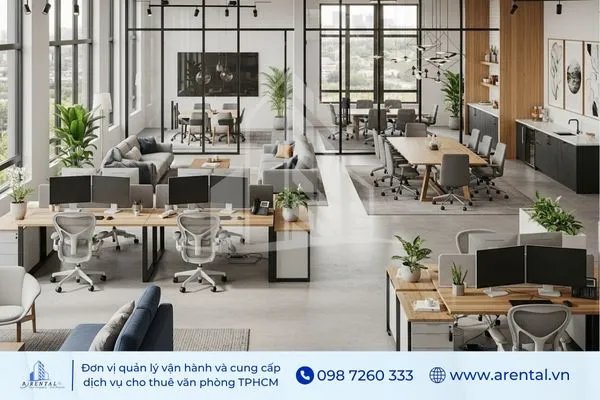 Phong cách thiết kế văn phòng mở hiện đại với ánh sáng tự nhiên và bố cục linh hoạt.