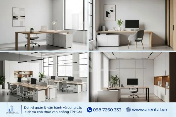 Phong cách thiết kế văn phòng tối giản sử dụng tông trắng xám, tinh tế và thoáng sáng.