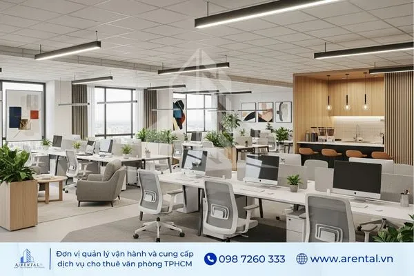 Không gian văn phòng chia sẻ, thiết kế mở với chỗ ngồi linh hoạt và tiện ích cộng đồng.