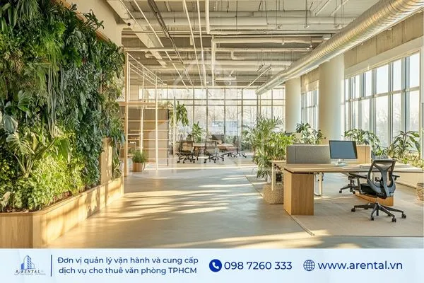 Phong cách thiết kế văn phòng công nghiệp với trần thô và mảng xanh hiện đại.