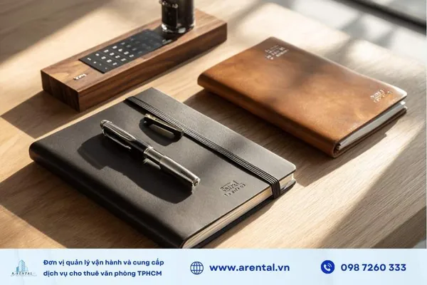 Bộ quà tặng 2-9 cao cấp với sổ da nâu, bút kim loại.