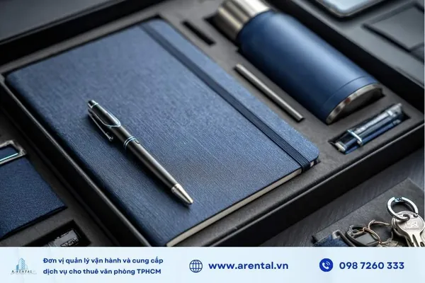 Set quà tặng 2/9 gồm sổ da, bút ký và bình giữ nhiệt sang trọng.