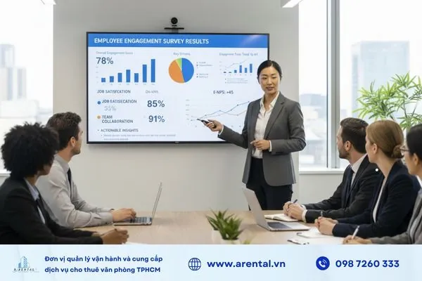 Đo lường mức độ gắn kết nhân viên bằng khảo sát nội bộ.