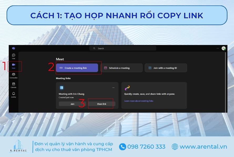 Tạo nhanh cuộc họp trên teams rồi copy link.