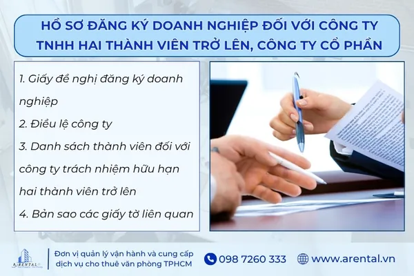 Hồ sơ đăng ký thành lập doanh nghiệp đối với công ty TNHH hai thành viên trở lên và công ty cổ phần.