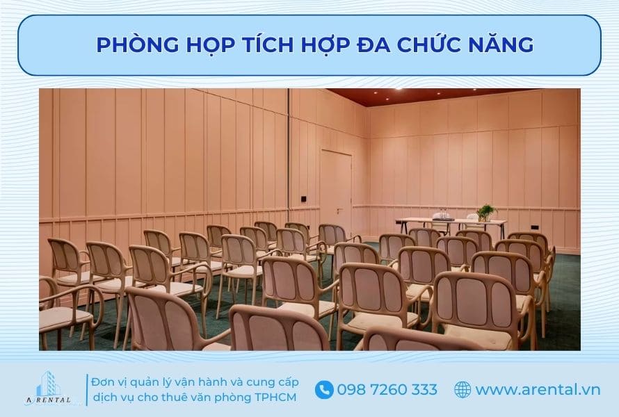 Mẫu thiết kế phòng họp kết hợp không gian hội nghị theo tone màu gỗ sang trọng.