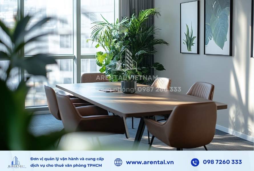 Bố trí cây xanh và tranh ảnh trong không gian phòng.
