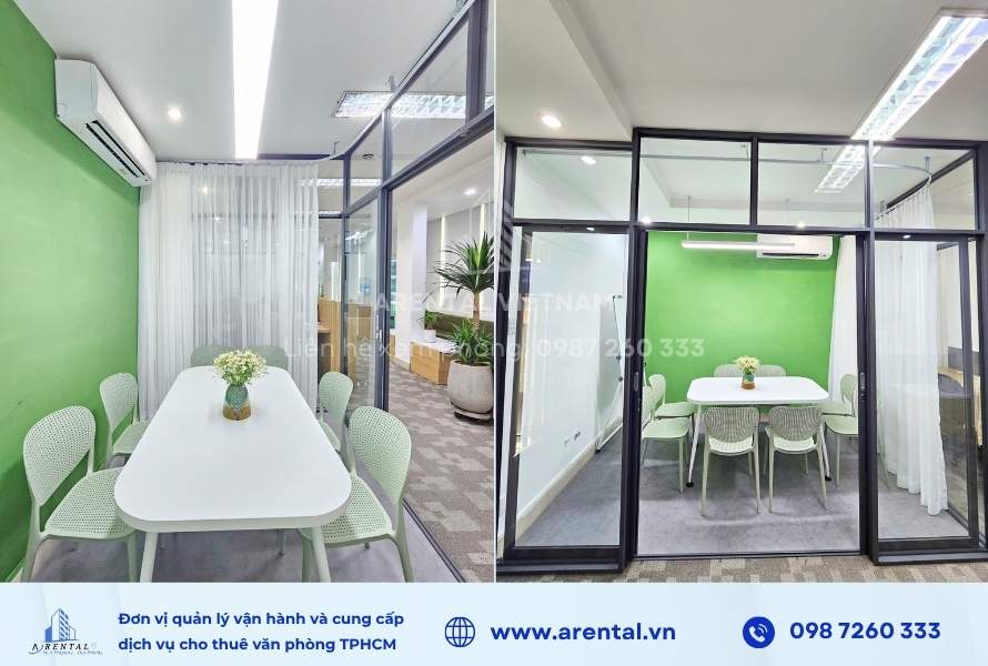 Phòng họp nhỏ cho thuê tại Quận 1 của Arental Vietnam được bố trí cửa kính xung quanh.