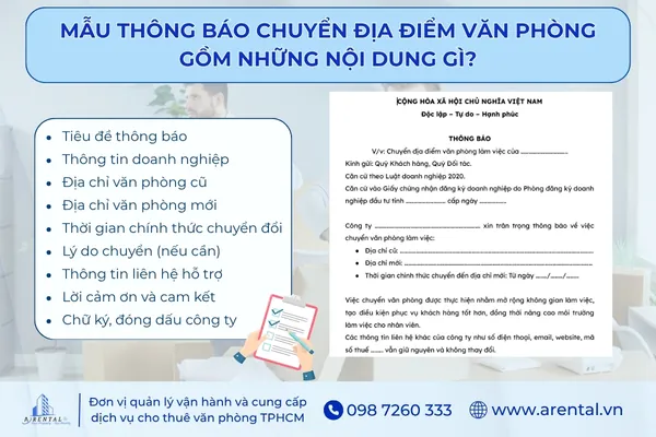 Các nội dung cần có trong mẫu thông báo chuyển địa điểm văn phòng.