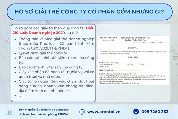 Bộ hồ sơ giải thể công ty cổ phần cần đầy đủ giấy tờ theo quy định tại Điều 210 Luật Doanh nghiệp 2020.