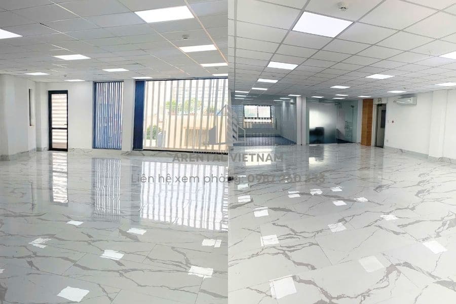 Diện tích 100m2 rộng rãi phù hợp với đa dạng phong cách thiết kế mặt bằng văn phòng