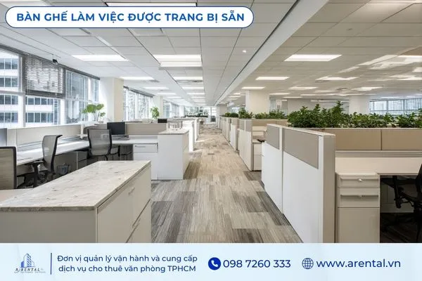 Bàn ghế văn phòng được bố trí sẵn như một tiện ích thuê văn phòng.