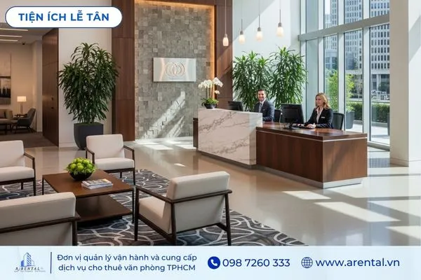 Tiện ích sảnh lễ tân đón tiếp khách hàng khi thuê văn phòng.