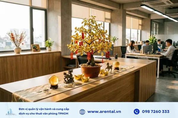 Cây tài lộc và vật phẩm phong thủy được trang trí tại văn phòng ngày Tết.