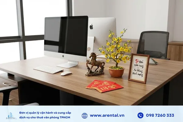 Những phụ kiện Tết nhỏ giúp mỗi góc làm việc thêm ấm áp, tạo cảm giác gần gũi.