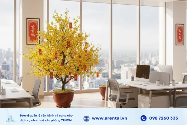 Không gian văn phòng được trang trí Tết với cây mai và cây đào.