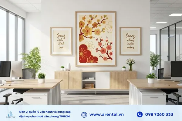 Không gian văn phòng mang sắc xuân với tranh Tết, tranh mùa xuân.