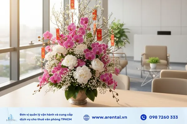Văn phòng ngày Tết trang trí hoa tươi mang đến cảm giác mềm mại và tạo điểm nhấn tinh tế cho không gian làm việc.