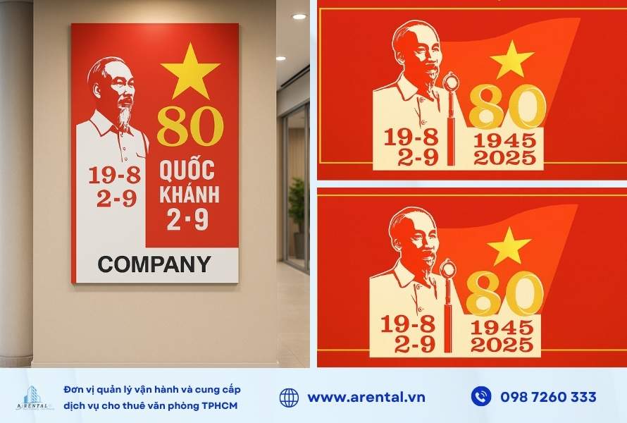 Một số mẫu poster treo sảnh lễ tân được thiết kế giả lập (mockup), kết hợp logo 80 năm với tên doanh nghiệp để tăng độ nhận diện và trang trọng.
