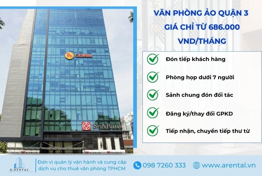 Arental Vietnam cho thuê văn phòng ảo quận 3 TPHCM giá chỉ từ 686.000 VND/tháng.