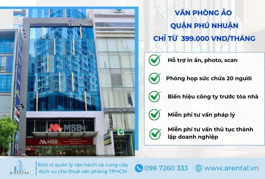 Giá thuê văn phòng ảo quận Phú Nhuận tại Arental Vietnam chỉ từ 399.000 VND/tháng.